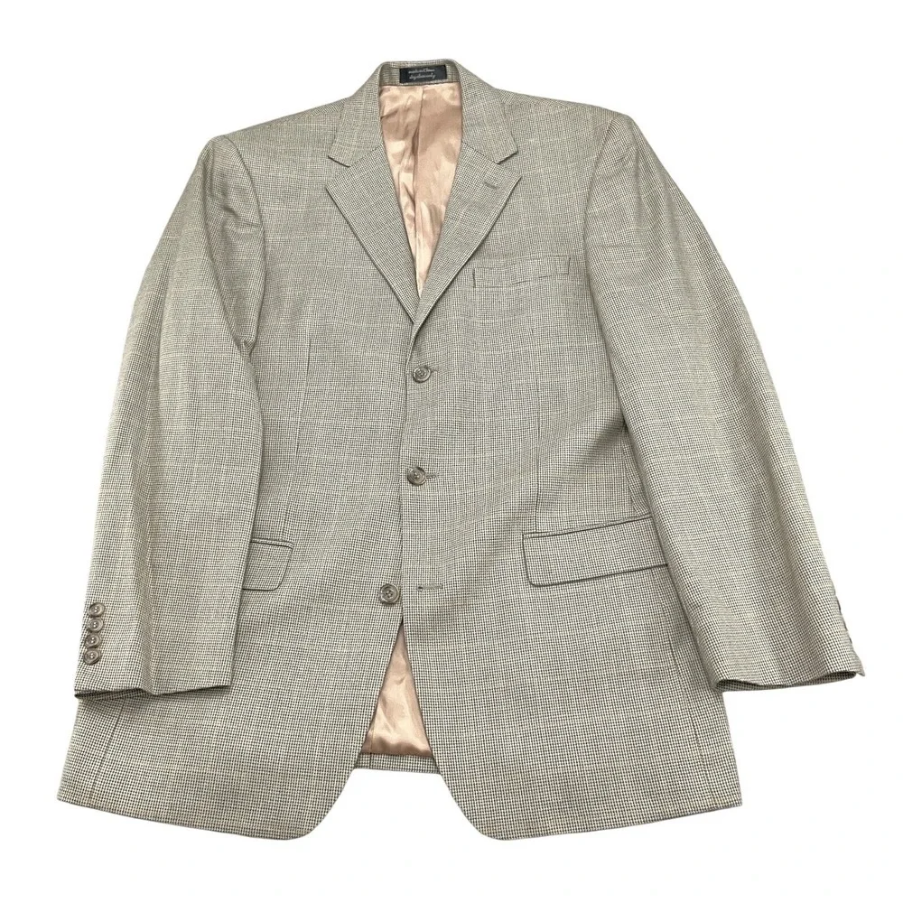 Andrew Fezza Blazer Men 41 Long Tan Gray Glen Plaid Gold Silk Wool Classic